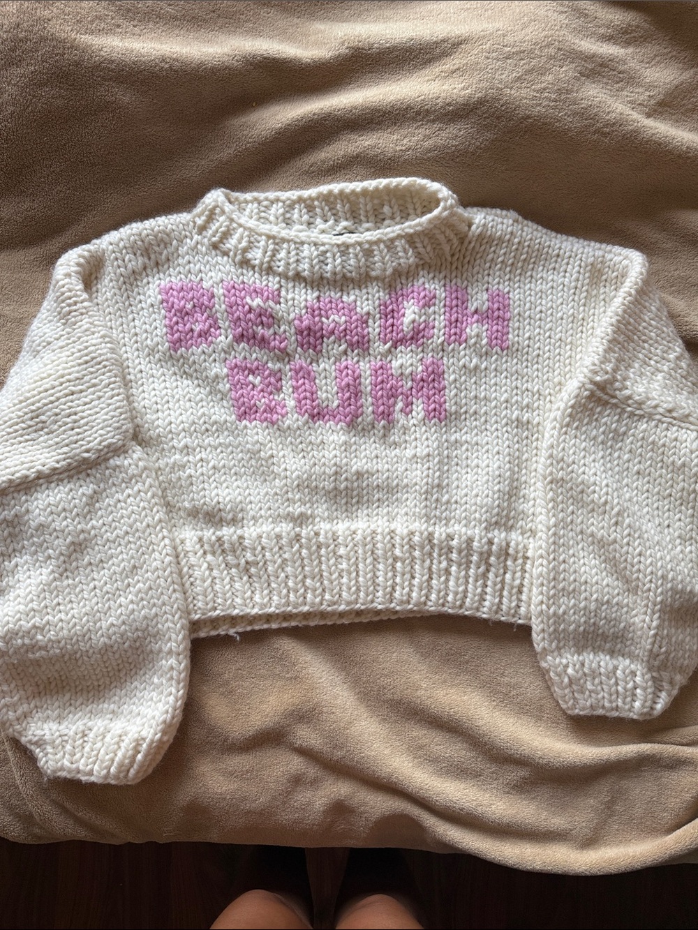 GOGO Cream Cropped Knit Sweater with Pink Lettering